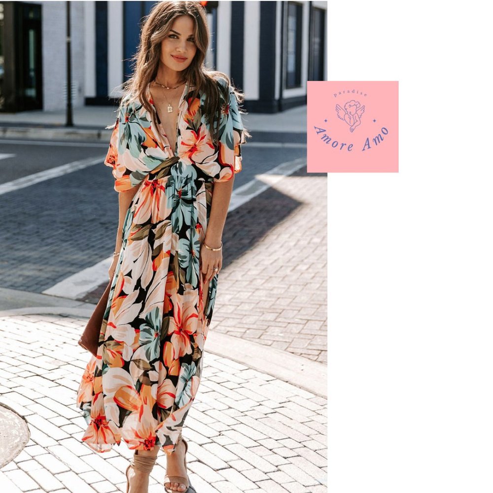 Kim K Dress 🌸 Kimono Bohemian Maxi Tunic Leg Slit Orange Pattern Dress - Picture 3 of 8